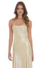 Shimmer Draped Open Back Maxi Dress in Gold