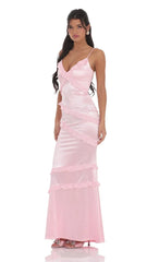Satin V-Neck Ruffle Mermaid Maxi Dress in Pink