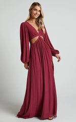 Paige Maxi Dress - Side Cut Out Balloon Sleeve Dress in Mulberry