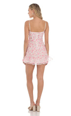 Floral Shimmer V-Neck Ruffle Dress in White