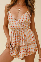 Nebula Cami Strap Layered Ruffle Romper Flower Print Mocha/Orange