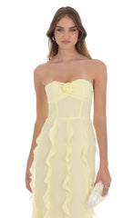 Chiffon Rossette Ruffle Maxi Dress in Yellow