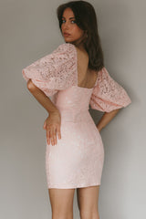 Good Vibes Puff Sleeve Deep V-Neckline Lace Mini Dress Blush