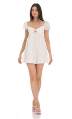 Eyelet Puff Sleeve Babydoll Dress in White