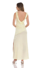 Satin V-Neck Open Back Maxi Dress in Pastel Yellow
