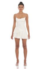 Cowl Neck Asymmetrical Ruffle Dress in White