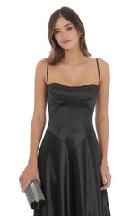 Satin Square Neck Maxi Dress in Black