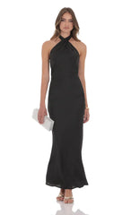 Satin Cross Halter Maxi Dress in Black