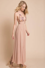 Summer Wedding Embroidered Floral Maxi Dress Mocha