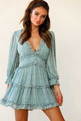Laney Cutout Back Balloon Sleeve Dress Speckle Print Olive