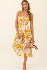 Magdalene Frill Strap Midi Jumpsuit Palm Print Yellow