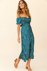 Linka Off-Shoulder Tie Back Midi Dress Leopard Print Green