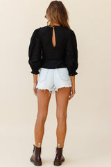 Festival Lights Puff Sleeve Textured Trim Detail Top Black