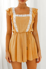 Meet Again Crochet Lace Trim Tie-Up Back Romper Mustard