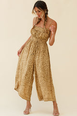 Weekend Escape Cami Strap Drawstring Jumpsuit Animal Print Khaki