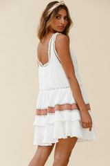 Bali Loose Fit Surplice Neckline Fringe Trim Dress White
