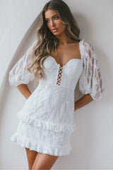 Hemingway Criss-Cross Bust Balloon Sleeve Frill Trim Lace Dress White