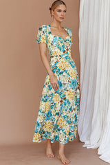 Montebello Puff Sleeve Maxi Dress Floral Blue/Yellow
