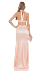 Satin Cutout Maxi Dress in Peach