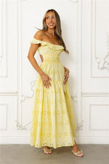 Secrets You Keep Off Shoulder Embroidered Maxi Dress Yellow