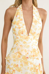 Cipriana Frill Trim Halter Maxi Dress Floral Yellow