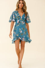 June Angel Sleeve Ruffle Detail Dress Floral Print Teal