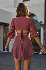 Sunshine Sweetie Cut-Out Waist Tie Feature Mini Dress Steel Rose