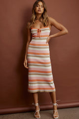 Devin String-Tie Knit Midi Dress Pink Stripe