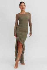 Jozelle Long Sleeve Ruched Maxi Dress Olive