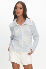 Gavrielle Collared Knit Cardigan Stripe Baby Blue