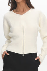Karisa Zipper Hem Knit Top Cream