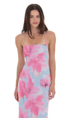 Floral Open Back Maxi Dress in Blue and Pink