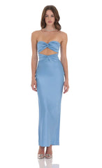 Satin Twist Cutout Maxi Dress in Light Blue