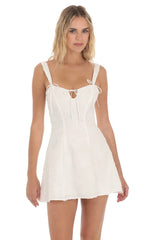 Textured Floral Triple Ties Dress in White
