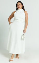 Macy Midi Dress - High Neck A Line Dress in Off White