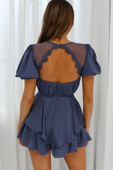 L'amour Lace Mesh Bust Puff Sleeve Romper Midnight Blue