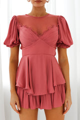 L'amour Lace Mesh Bust Puff Sleeve Romper Rose