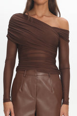 Christos Long Sleeve Asymmetric Top Chocolate