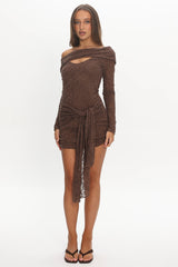 Good Girl Off-Shoulder Long Sleeve Mini Dress Chocolate