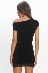 Night Life Asymmetrical Neckline Mini Dress Velvet Black