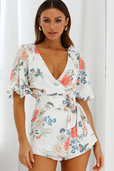 Nadi V-Neckline Wrap Romper Floral Print White