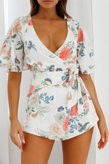 Nadi V-Neckline Wrap Romper Floral Print White