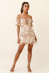 Maranda Bardot Lace-Up Bust Dress Banksia Print Dress Nude