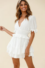 Nerissa Puff Sleeve Shirred Waist Dress Spotty White