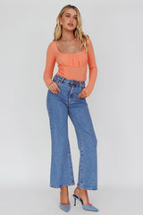 Bobbi Long Sleeve Ruched Side Ribbed Bodysuit Orange