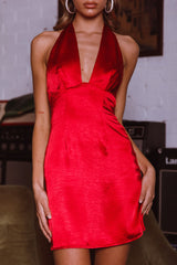 Falling Star Plunging Halterneck Mini Dress Red