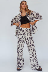 Just A Hunch Button Shirt Leaf Print Beige