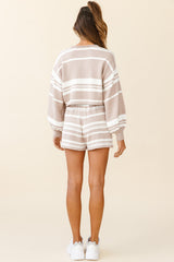 Carlo Long Balloon Sleeve Crop Top Striped Pattern Mocha
