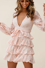 Queensland Balloon Sleeve Tiered Frill Lace Dress Pink