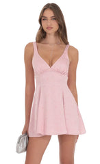 Floral Jacquard Bow Tie Dress in Dusty Pink